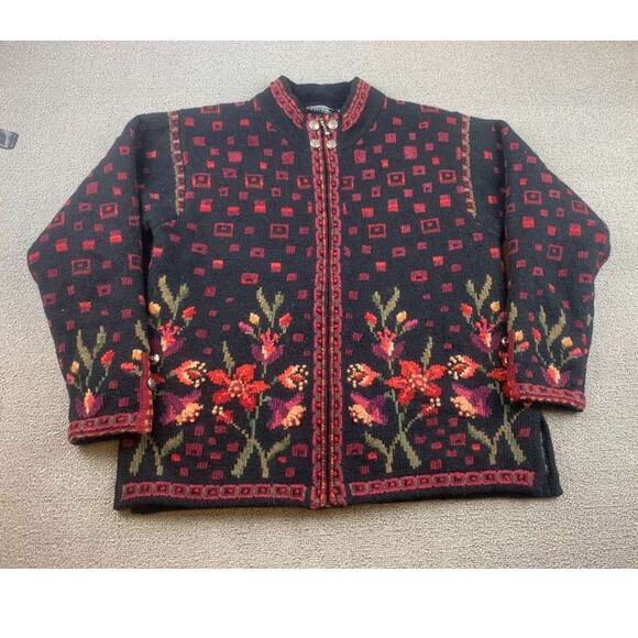 Vintage Icelandic Design Zip Up Size Small Sweater Wool Blend Flowers Red Black - Picture 1 of 10